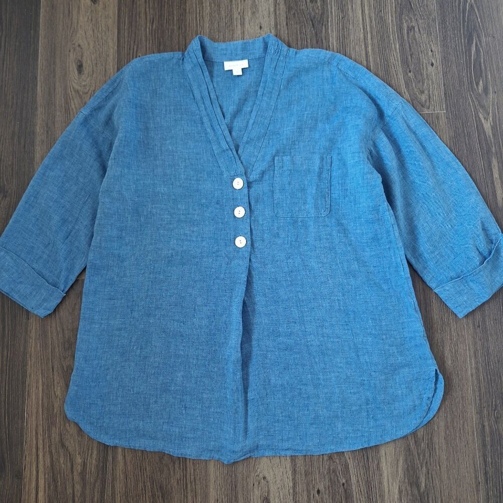 Blue Linen V-Neck Button Front Blouse
